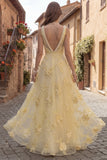 Yellow A Line Square Neck Long Prom Dress with Embroidery