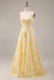 Yellow A Line Square Neck Long Prom Dress with Embroidery
