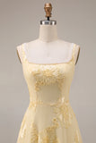 Yellow A Line Square Neck Long Prom Dress with Embroidery