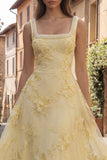 Yellow A Line Square Neck Long Prom Dress with Embroidery