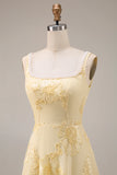 Yellow A Line Square Neck Long Prom Dress with Embroidery