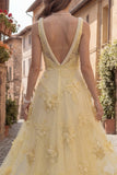 Yellow A Line Square Neck Long Prom Dress with Embroidery