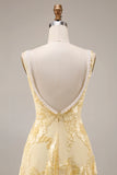Yellow A Line Square Neck Long Prom Dress with Embroidery