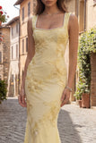 Yellow Mermaid Embroidered Square Neck Long Prom Dress