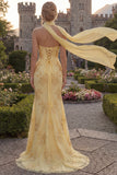 Mermaid Yellow Strapless Corset Long Prom Dress with a Neck Scarf