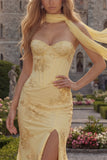 Mermaid Yellow Strapless Corset Long Prom Dress with a Neck Scarf