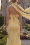 Mermaid Yellow Strapless Corset Long Prom Dress with a Neck Scarf