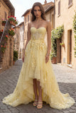 Yellow Strapless A Line Tulle Corset High-Low Prom Dress with Floral Embroidery