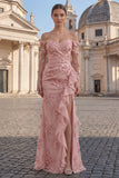 Yellow Sheath Off the Shoulder Floral Embroidery Tulle Long Prom Dress with Ruffled Slit