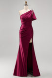 One Shoulder Burgundy Ruched Satin Mermaid Rhinestone Maxi Formal Dress with Side Slit