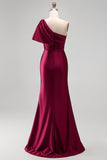 One Shoulder Burgundy Ruched Satin Mermaid Rhinestone Maxi Formal Dress with Side Slit