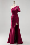 One Shoulder Burgundy Ruched Satin Mermaid Rhinestone Maxi Formal Dress with Side Slit
