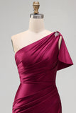 One Shoulder Burgundy Ruched Satin Mermaid Rhinestone Maxi Formal Dress with Side Slit