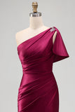 One Shoulder Burgundy Ruched Satin Mermaid Rhinestone Maxi Formal Dress with Side Slit