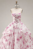 Ball Gown Strapless White Fuchsia Floral Quinceanera Dress