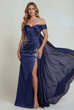 Navy Off the Shoulder Corset Appliqued Mermaid Mother of the Bride Dress with Slit