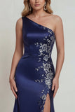 Navy One Shoulder Appliqued Mermaid Satin Mother of the Bride Dress with Slit