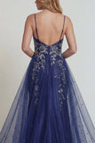 Navy Spaghetti Straps Sheath Applique Satin Mother of the Bride Dress with Slit