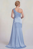 Blue Mermaid One Shoulder Appliqued Satin Mother of the Bride Dress with Slit