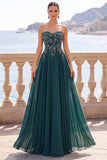 Dark Green Strapless A-Line Floral Beaded Long Formal Dress