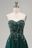 Dark Green Strapless A-Line Floral Beaded Long Formal Dress