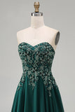 Dark Green Strapless A-Line Floral Beaded Long Formal Dress
