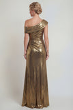 Metallic Golden Ruched Sheath One Shoulder Mother of the Bride Dress with Slit