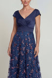 Navy Sequins A Line V Neck Long Mother of the Bride Dress with Cap Sleeves