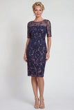 Navy Sheath Sequins Boat Neck Midi Mother of the Bride Dress