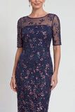 Navy Sheath Sequins Boat Neck Midi Mother of the Bride Dress