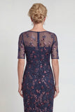 Navy Sheath Sequins Boat Neck Midi Mother of the Bride Dress