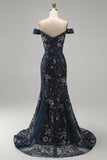 Navy Mermaid Off The Shoulder Long Mother of the Bride Dress with Sequins