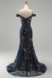 Off The Shoulder Navy Floral Beaded Mermaid Long Mother Of The Bride Dress
