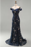 Navy Mermaid Off The Shoulder Long Mother of the Bride Dress with Sequins