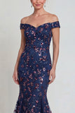Navy Mermaid Off The Shoulder Long Mother of the Bride Dress with Sequins