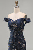 Off The Shoulder Navy Floral Beaded Mermaid Long Mother Of The Bride Dress