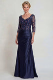 Navy Mermaid V Neck Sequin Mother of the Bride Dress with 3/4 Sleeves