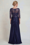 Navy Mermaid V Neck Sequin Mother of the Bride Dress with 3/4 Sleeves