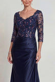 Navy Mermaid V Neck Sequin Mother of the Bride Dress with 3/4 Sleeves