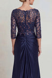Navy Mermaid V Neck Sequin Mother of the Bride Dress with 3/4 Sleeves