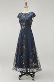 Sparkly Navy Sheath Sequins Boat Neck Midi Mother of the Bride Dress