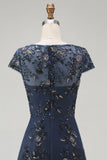 Sparkly Navy Sheath Sequins Boat Neck Midi Mother of the Bride Dress