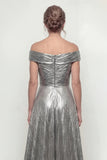 Grey Silver A Line Ruched Off The Shoulder Mother Of Bride Dress