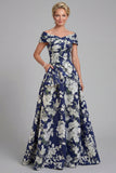Navy Off The Shoulder Floral A Line Printed Mother of the Bride Dress with Pockets