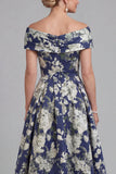Navy Off The Shoulder Floral A Line Printed Mother of the Bride Dress with Pockets