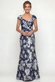 Navy Mermaid Printed Floral Mother of the Bride Dress with Cap Sleeves