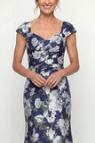 Navy Mermaid Printed Floral Mother of the Bride Dress with Cap Sleeves