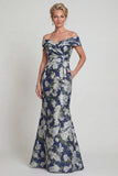 Navy Floral Off The Shoulder Mermaid Printed Mother of the Bride Dress with Pockets