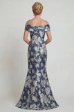 Navy Floral Off The Shoulder Mermaid Printed Mother of the Bride Dress with Pockets