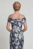 Navy Floral Off The Shoulder Mermaid Printed Mother of the Bride Dress with Pockets